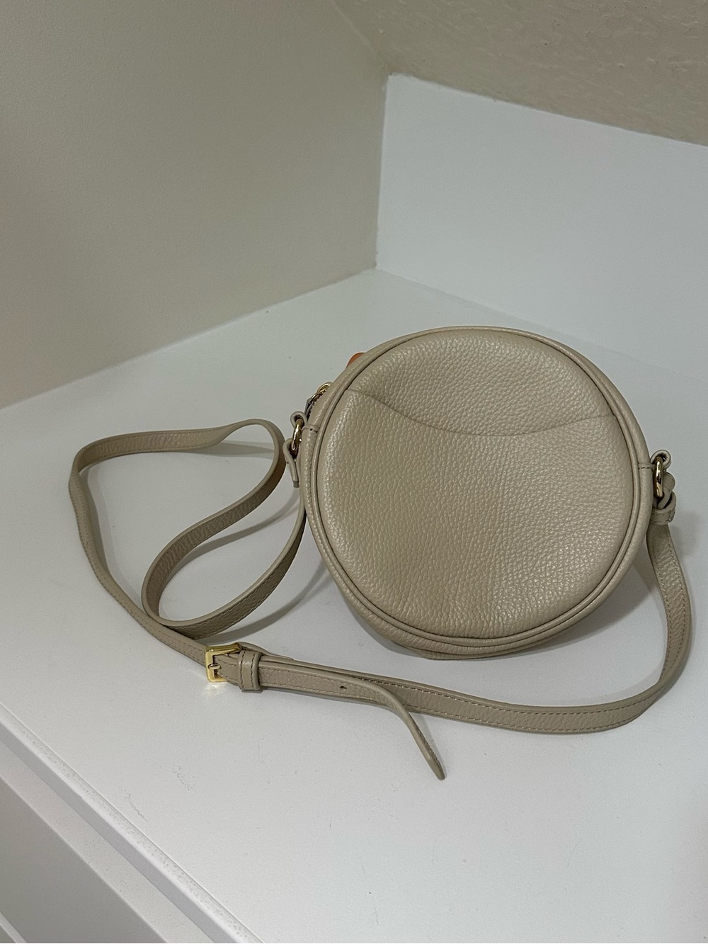 Quince Italian Leather Circle Crossbody Bag in Stone